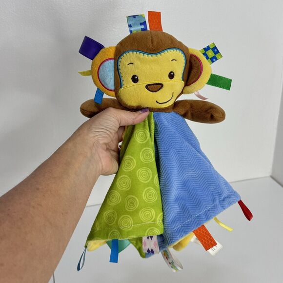 Bright Starts Taggies Security Blanket Plush Monkey Lovey Yellow Green Blue Oran - Picture 1 of 9